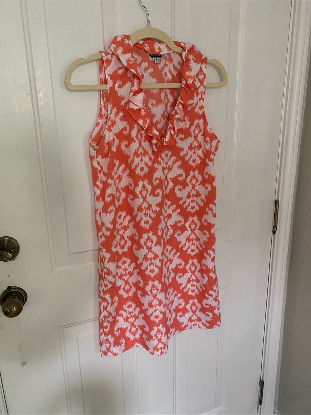 Mud Pie Coral and White Sleeveless Ruffle V-Neck Dress